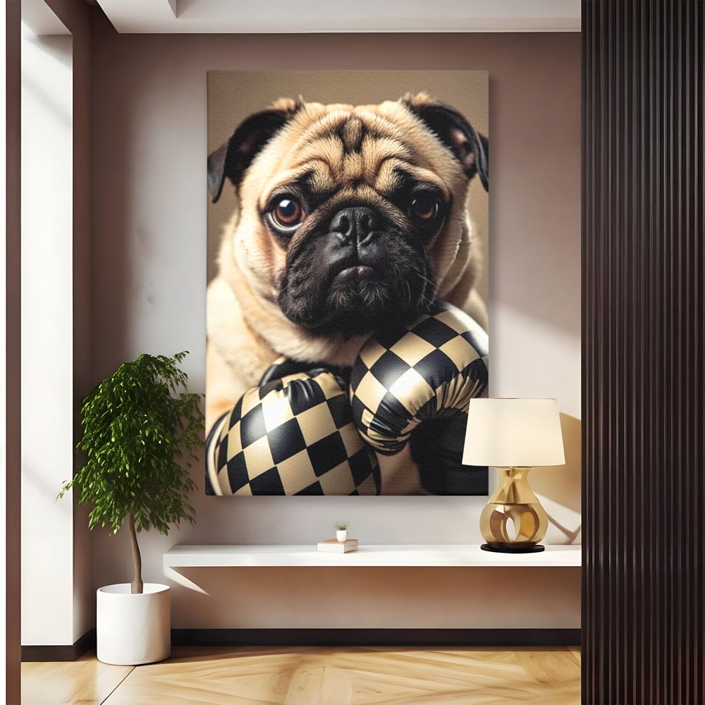 Tablou canvas cu tablou canvas cu pug in manusi de box, fara rama, pe sasiu de lemn